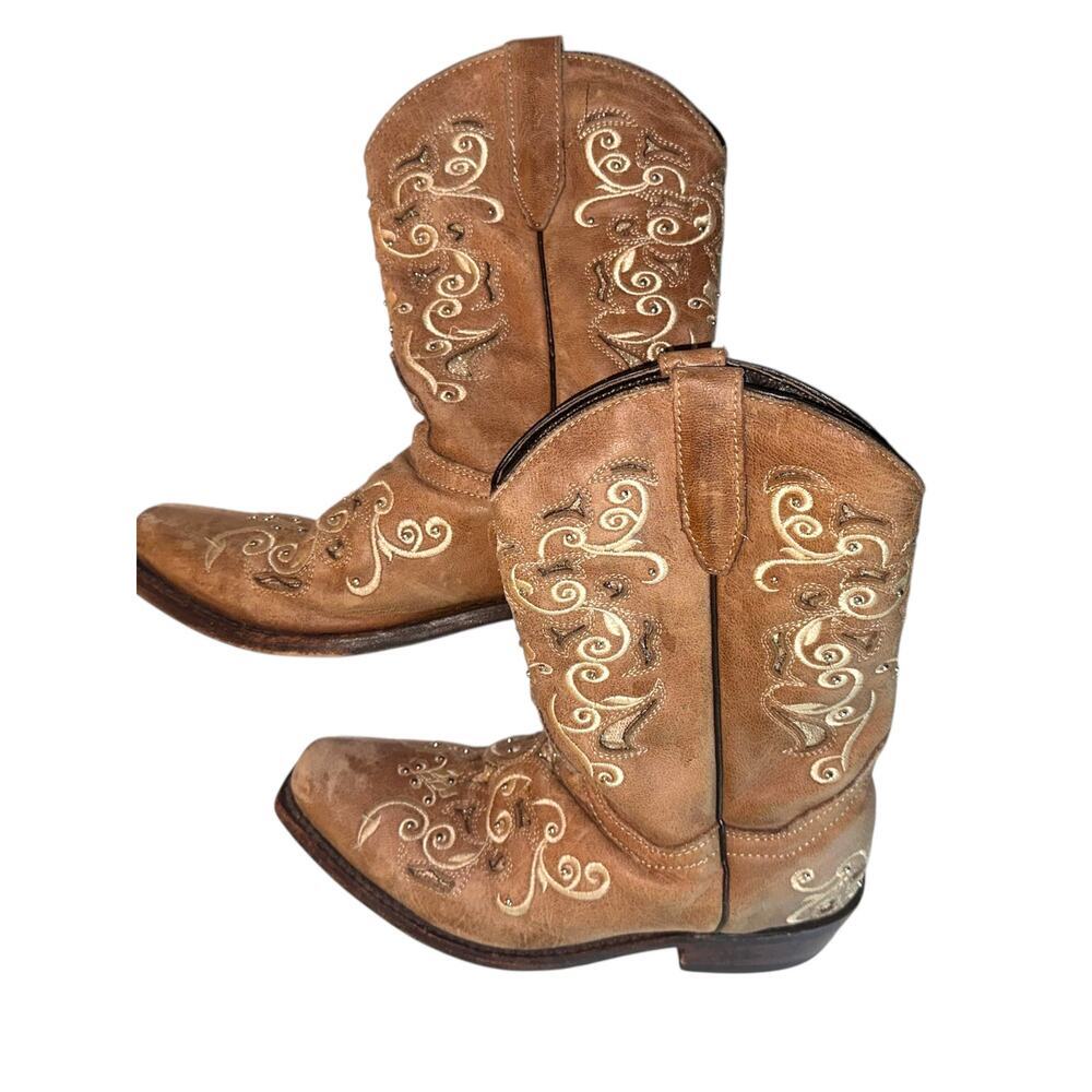 Wild Fables Kids Brown Western Cowboy Boots Embroidered Size 2 Youth Girls